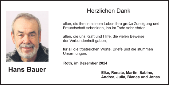 Traueranzeige von Hans Bauer von Roth-Hilpoltsteiner Volkszeitung Lokal