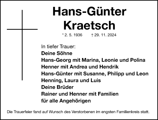 Traueranzeige von Hans-Günter Kraetsch von Roth-Hilpoltsteiner Volkszeitung Lokal