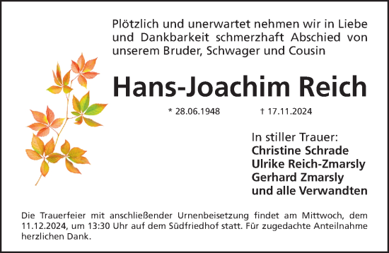 Traueranzeige von Hans-Joachim Reich von Gesamtausgabe Nürnberger Nachrichten/ Nürnberger Ztg.