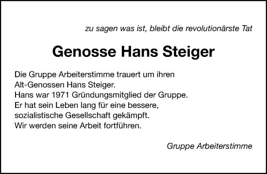 Traueranzeige von Hans Steiger von Gesamtausgabe Nürnberger Nachrichten/ Nürnberger Ztg.