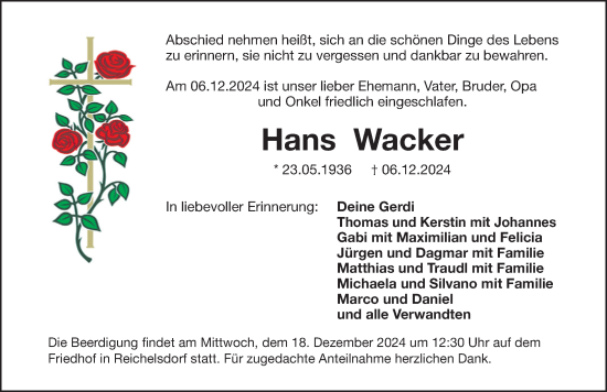 Traueranzeige von Hans Wacker von Gesamtausgabe Nürnberger Nachrichten/ Nürnberger Ztg.