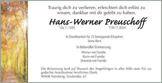 Traueranzeige von Hans-Werner Preuschoff von Gesamtausgabe Nürnberger Nachrichten/ Nürnberger Ztg.