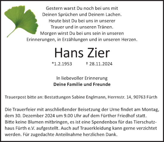 Traueranzeige von Hans Zier von Fürther Nachrichten Lokal