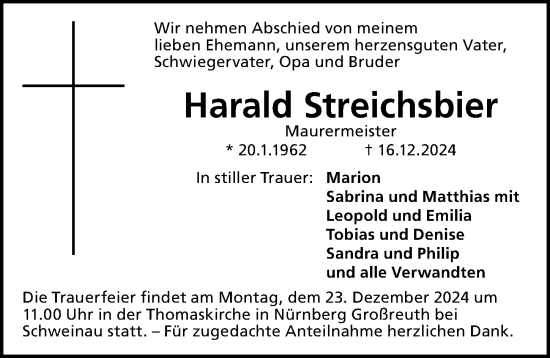 Traueranzeige von Harald Streichsbier von Gesamtausgabe Nürnberger Nachrichten/ Nürnberger Ztg.
