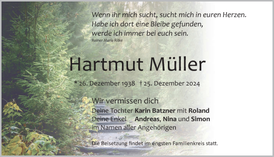 Traueranzeige von Hartmut Müller von Neumarkter Nachrichten Lokal