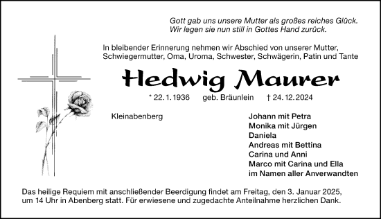 Traueranzeige von Hedwig Maurer von Roth-Hilpoltsteiner Volkszeitung/ Schwabach