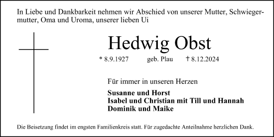 Traueranzeige von Hedwig Obst von Erlanger Nachrichten Lokal