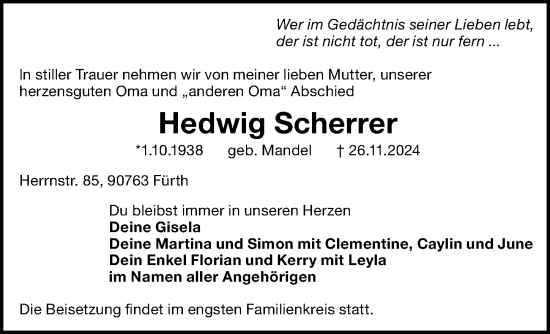 Traueranzeige von Hedwig Scherrer von Fürther Nachrichten Lokal