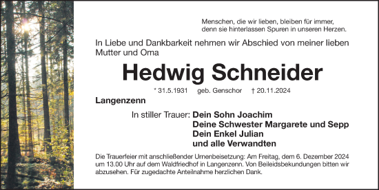 Traueranzeige von Hedwig Schneider von Fürther Nachrichten Lokal