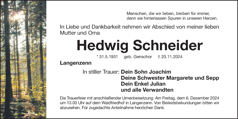  Traueranzeige für Hedwig Schneider vom 04.12.2024 aus Fürther Nachrichten Lokal