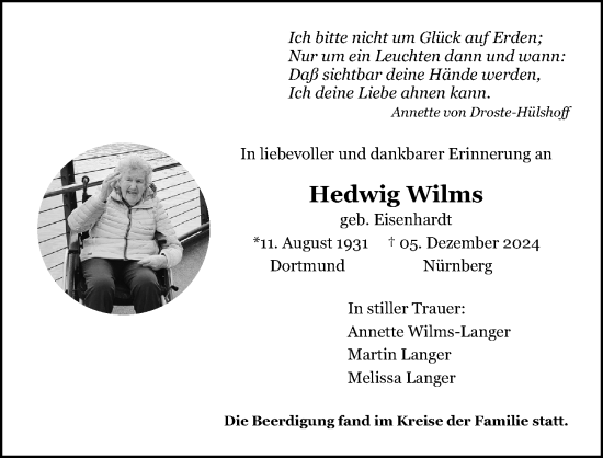 Traueranzeige von Hedwig Wilms von Gesamtausgabe Nürnberger Nachrichten/ Nürnberger Ztg.