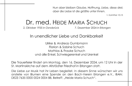 Traueranzeige von Heide Maria Schuch von Gesamtausgabe Nürnberger Nachrichten/ Nürnberger Ztg.