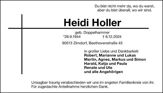 Traueranzeige von Heidi Holler von Fürther Nachrichten Lokal
