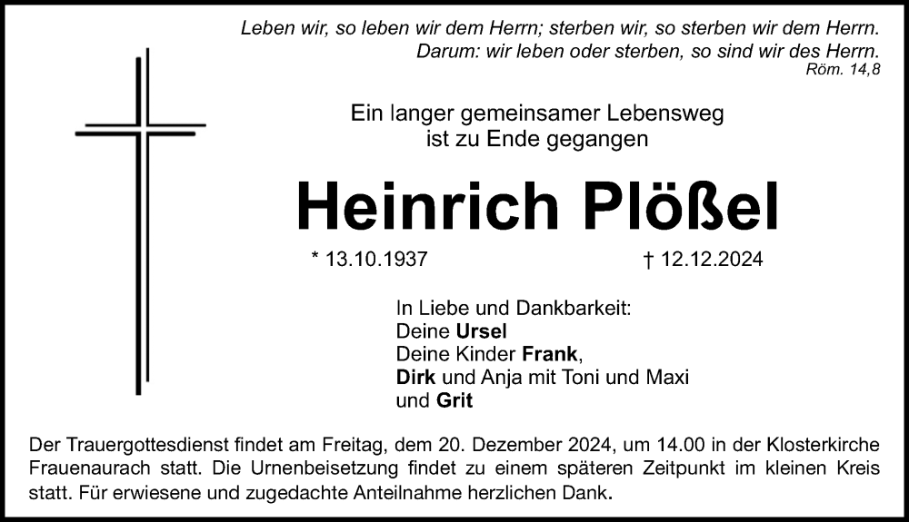  Traueranzeige für Heinrich Plößel vom 14.12.2024 aus Erlanger Nachrichten Lokal