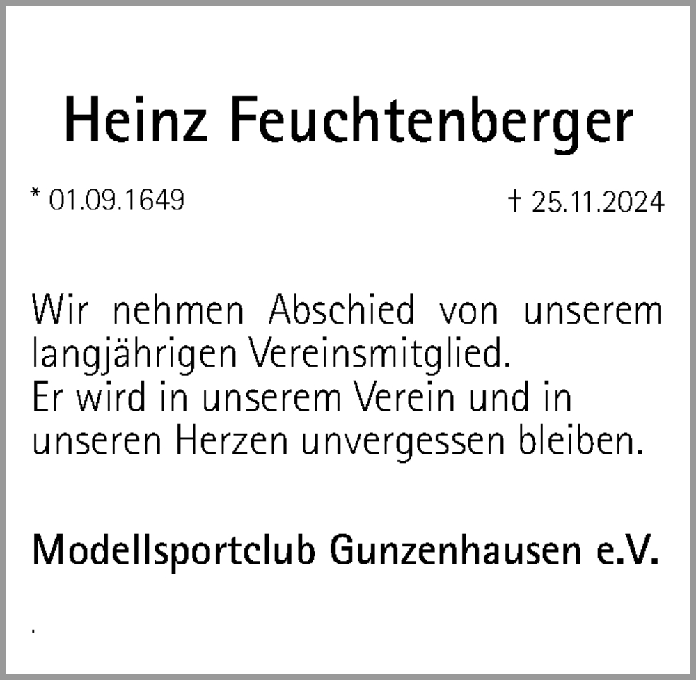  Traueranzeige für Heinz Feuchtenberger vom 14.12.2024 aus Altmühl-Bote Lokal