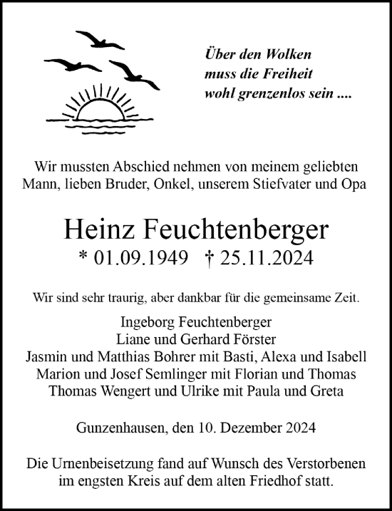 Traueranzeige von Heinz Feuchtenberger von Altmühl-Bote Lokal