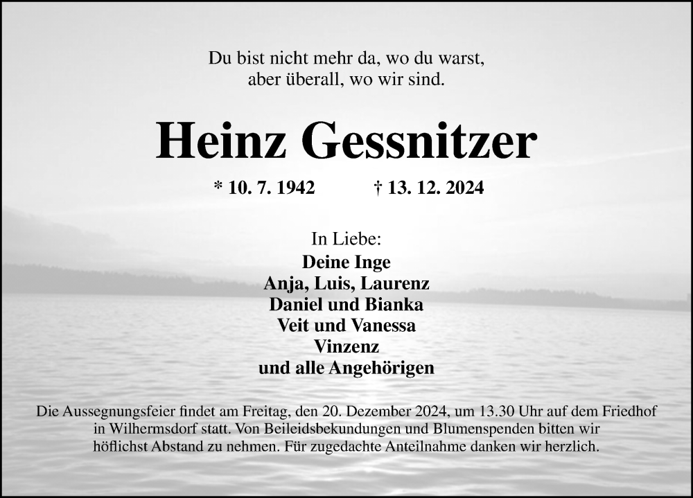  Traueranzeige für Heinz Gessnitzer vom 16.12.2024 aus Fürther Nachrichten Lokal