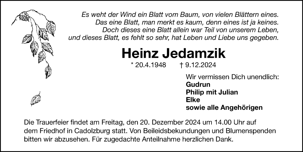  Traueranzeige für Heinz Jedamzik vom 19.12.2024 aus Gesamtausgabe Nürnberger Nachrichten/ Nürnberger Ztg.