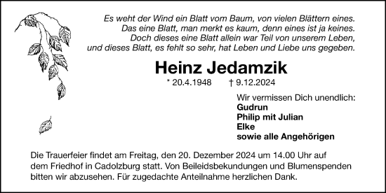 Traueranzeige von Heinz Jedamzik von Gesamtausgabe Nürnberger Nachrichten/ Nürnberger Ztg.