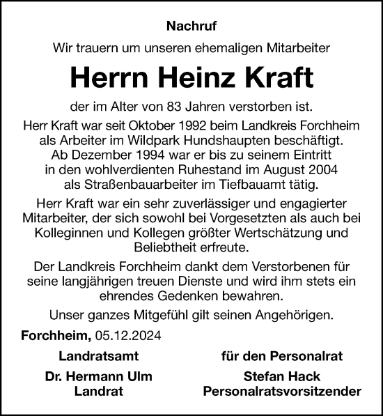 Traueranzeige von Heinz Kraft von Nordbayerische Nachrichten Forchheim Lokal