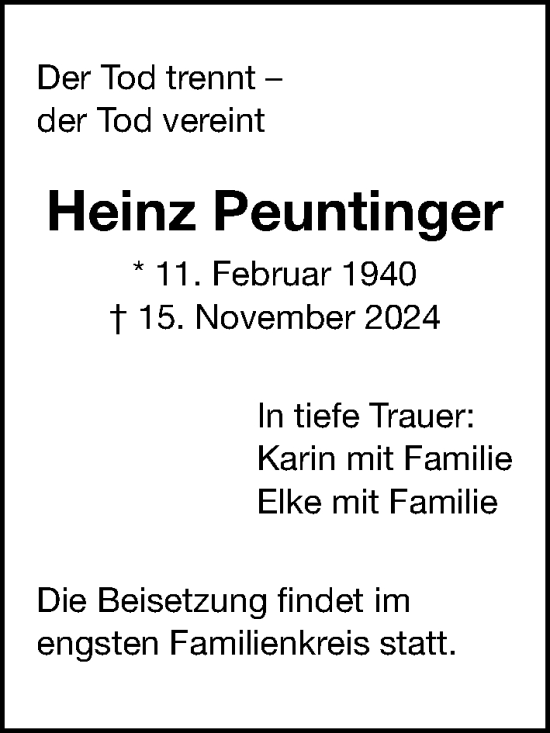 Traueranzeige von Heinz Peuntinger von Gesamtausgabe Nürnberger Nachrichten/ Nürnberger Ztg.