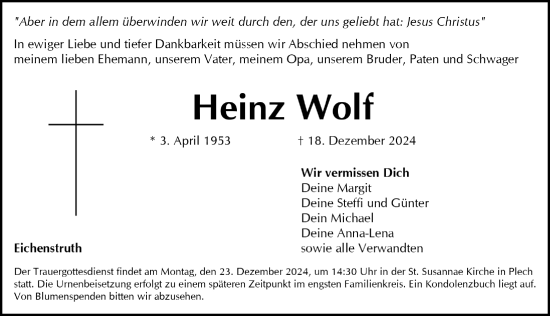 Traueranzeige von Heinz Wolf von Nordbayerische Nachrichten Pegnitz Lokal