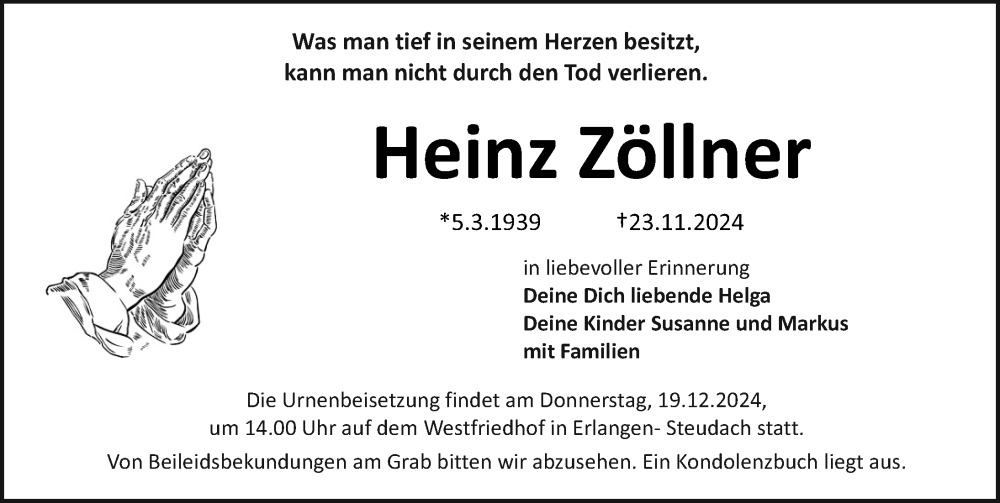  Traueranzeige für Heinz Zöllner vom 14.12.2024 aus Erlanger Nachrichten Lokal