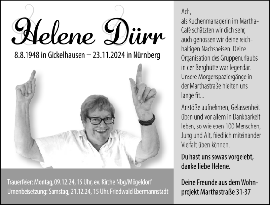 Traueranzeige von Helene Dürr von Gesamtausgabe Nürnberger Nachrichten/ Nürnberger Ztg.