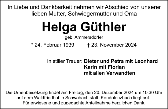 Traueranzeige von Helga Güthler von Schwabacher Tagblatt Lokal