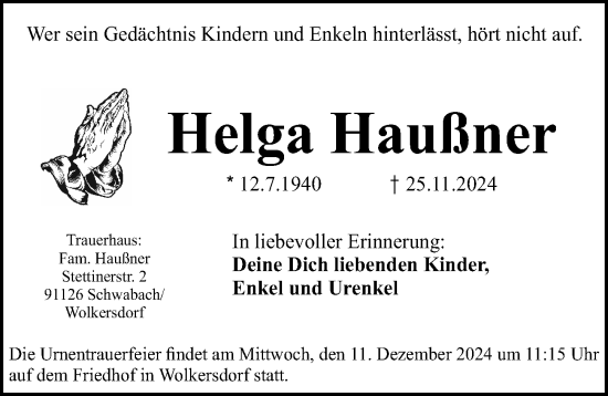 Traueranzeige von Helga Haußner von Gesamtausgabe Nürnberger Nachrichten/ Nürnberger Ztg.
