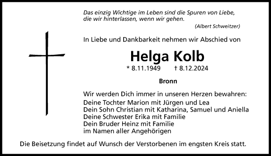 Traueranzeige von Helga Kolb von Nordbayerische Nachrichten Pegnitz Lokal