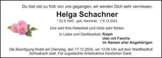 Traueranzeige von Helga Schachner von Schwabacher Tagblatt Lokal