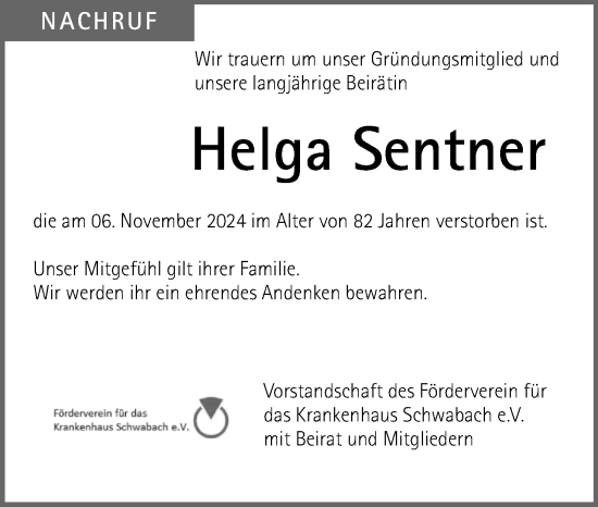 Traueranzeige von Helga Sentner von Schwabacher Tagblatt Lokal