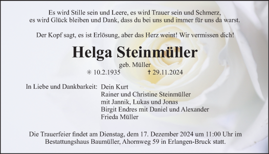 Traueranzeige von Helga Steinmüller von Erlanger Nachrichten Lokal