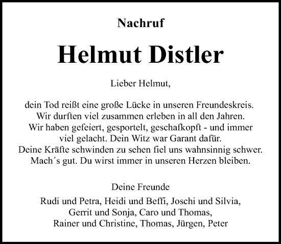 Traueranzeige von Helmut Distler von Neumarkter Nachrichten Lokal