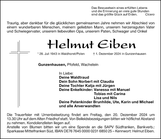 Traueranzeige von Helmut Eiben von Altmühl-Bote Lokal