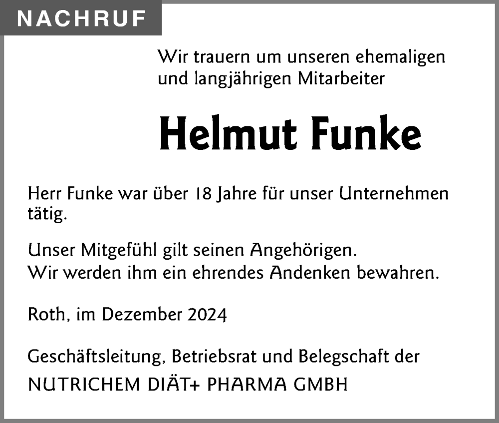  Traueranzeige für Helmut Funke vom 21.12.2024 aus Roth-Hilpoltsteiner Volkszeitung Lokal