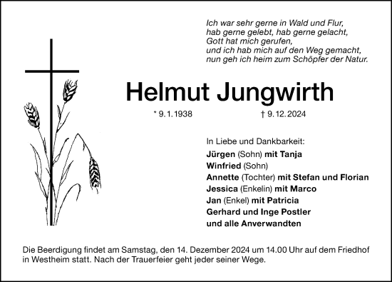 Traueranzeige von Helmut Jungwirth von Altmühl-Bote Lokal