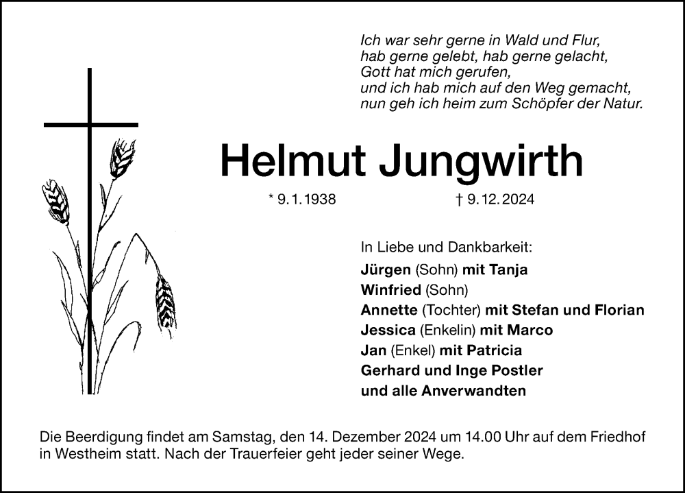  Traueranzeige für Helmut Jungwirth vom 13.12.2024 aus Altmühl-Bote Lokal