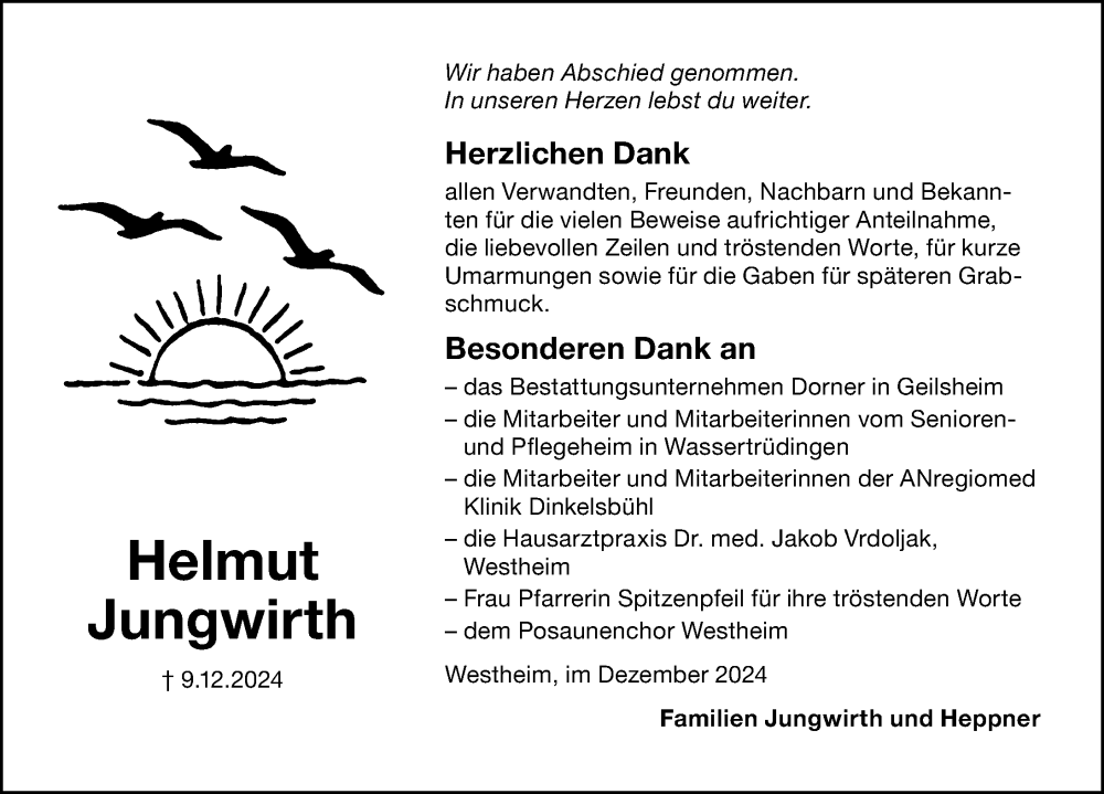  Traueranzeige für Helmut Jungwirth vom 28.12.2024 aus Altmühl-Bote Lokal