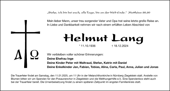 Traueranzeige von Helmut Lang von Gesamtausgabe Nürnberger Nachrichten/ Nürnberger Ztg.