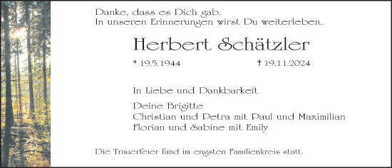 Traueranzeige von Herbert Schätzler von Gesamtausgabe Nürnberger Nachrichten/ Nürnberger Ztg./ Erlanger Nachrichten
