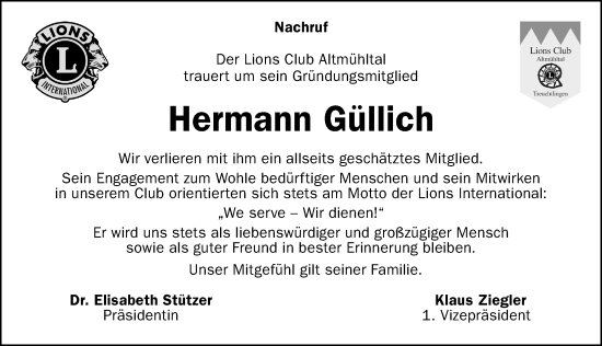 Traueranzeige von Hermann Güllich von Weißenburger Tagblatt u.Treuchtlinger Kurier Lokal