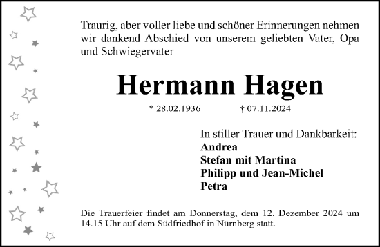 Traueranzeige von Hermann Hagen von Gesamtausgabe Nürnberger Nachrichten/ Nürnberger Ztg.