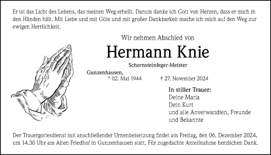 Traueranzeige von Hermann Knie von Altmühl-Bote Lokal