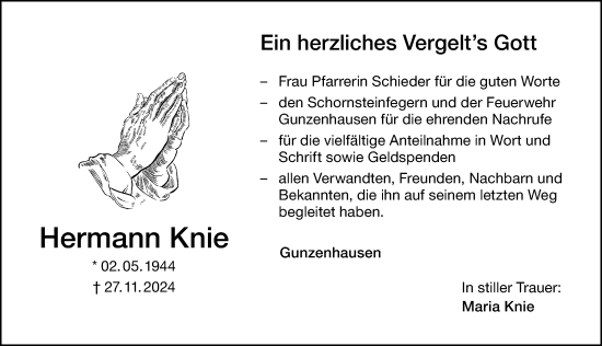 Traueranzeige von Hermann Knie von Altmühl-Bote Lokal