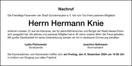 Traueranzeige von Hermann Knie von Altmühl-Bote Lokal