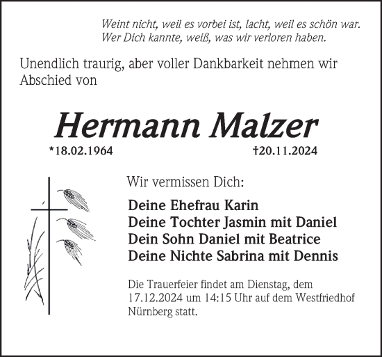 Traueranzeige von Hermann Malzer von Gesamtausgabe Nürnberger Nachrichten/ Nürnberger Ztg.