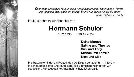 Traueranzeige von Hermann Schuler von Gesamtausgabe Nürnberger Nachrichten/ Nürnberger Ztg.