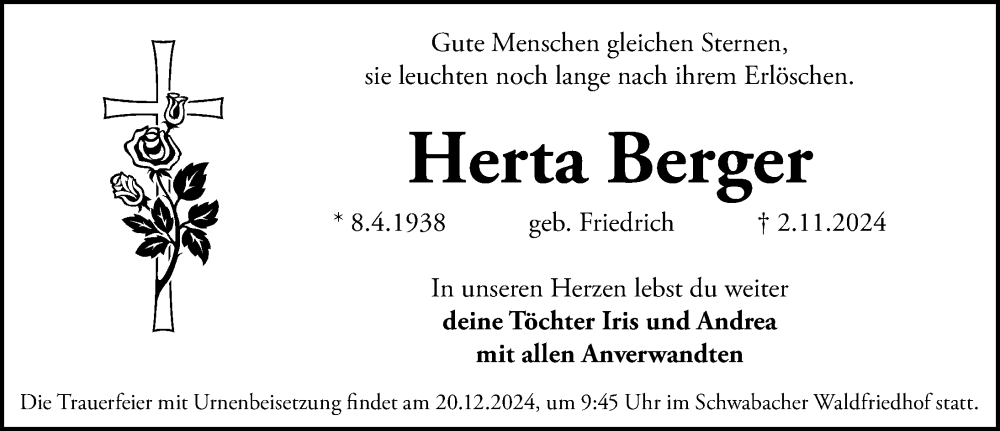  Traueranzeige für Herta Berger vom 18.12.2024 aus Gesamtausgabe Nürnberger Nachrichten/ Nürnberger Ztg.